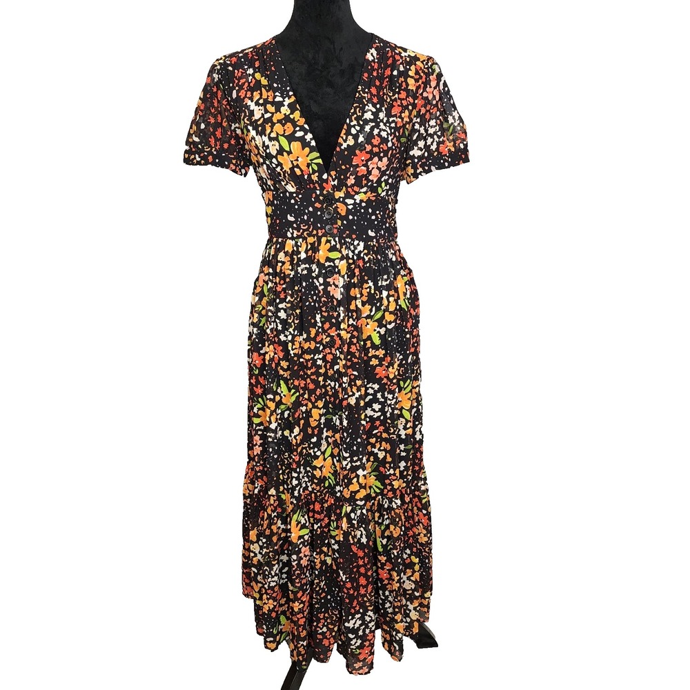 eShakti WAYWARD FANCIES Size Small Floral Fit & Flare Pockets Chiffon Maxi Dress